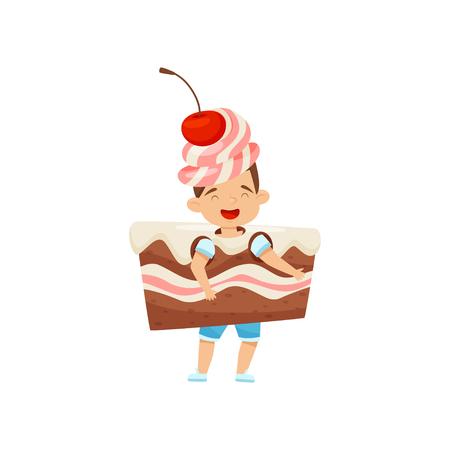 Laughing little boy wearing cake slice costume with cream and cherry. Tasty dessert. Cartoon character of kid with happy face expression. Vector illustration in flat style isolated on white backgroundのイラスト素材