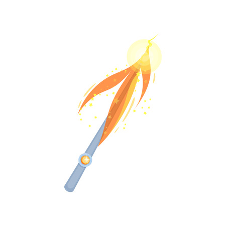Icon of blue magic wand with gemstone. Stick with magical power. Witchcraft theme. Graphic element for children book. Cartoon vector design. Colorful flat illustration isolated on white background.のイラスト素材