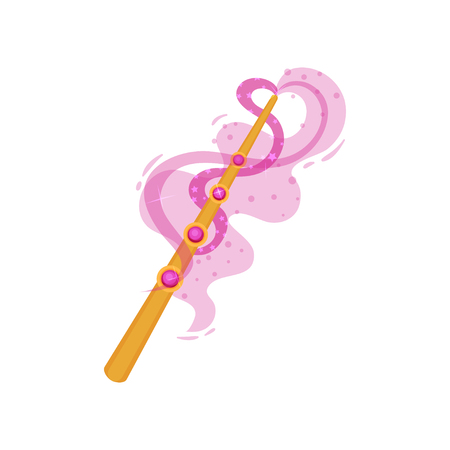 Golden wand decorated with pink precious stones. Magic stick with bright glow. Graphic element for postcard or children book. Colorful vector illustration in flat style isolated on white background.のイラスト素材
