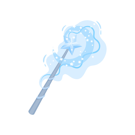 Cartoon icon of magic wand with blue star and bright sparkles. Stick with magical power. Witchcraft theme. Graphic element for mobile game. Colorful flat vector design isolated on white background.のイラスト素材