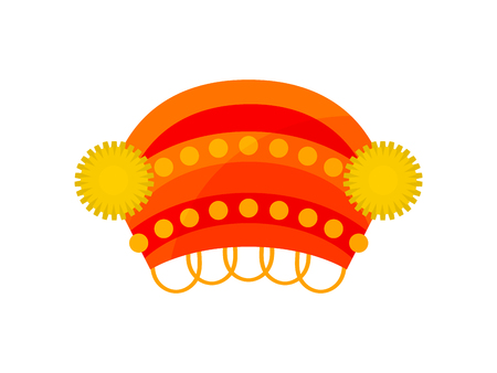 Bright red kokoshnik with yellow pom poms. Slavic headdress for women. Part of national folk costume. Female headwear. Colorful vector illustration in flat style isolated on white background.のイラスト素材