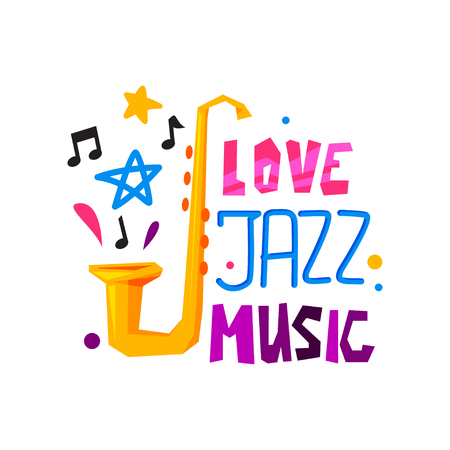 Original emblem for jazz festival. Abstract illustration with saxophone, stars and musical notes. Flat vector designのイラスト素材
