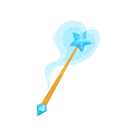 Golden magic wand decorated with bright blue gemstone and shining star. Stick with magical power. Graphic element for mobile game. Cartoon vector design. Flat icon isolated on white background.のイラスト素材