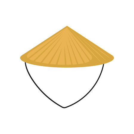 Icon of classic Asian conical hat made of straw. Traditional Chinese or Vietnamese headdress. Farmer s headwear. Illustration in flat style isolated on white background. Cartoon vector designのイラスト素材