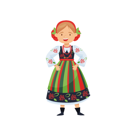 Adorable cheerful girl in traditional Polish folk dress. National costume. Cartoon female character with happy face. Fashion theme. Colorful flat vector illustration isolated on white background.のイラスト素材