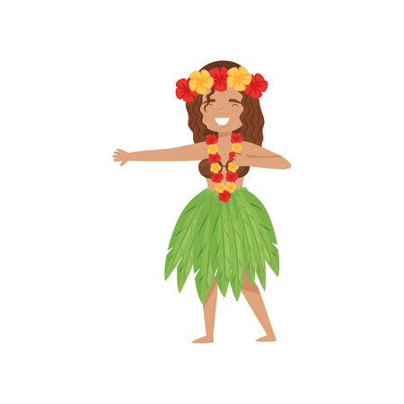 Cheerful dancing girl in Hawaii traditional dress. Cartoon female character in Hawaiian hula skirt, coconut bra and flower lei. Colorful vector illustration in flat style isolated on white background.のイラスト素材