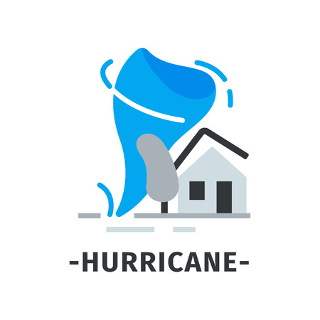 Hurricane icon with blue violent wind whirl, gray house with broken roof and tree. Natural disaster. Flat vectorのイラスト素材