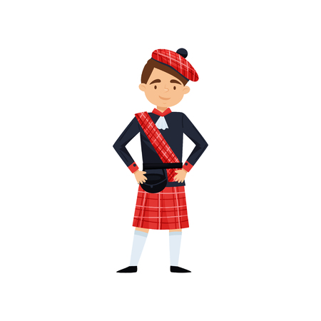 Smiling boy in blue shirt, red kilt and beret with checkered red pattern. Traditional Scottish dress. National costume. Cartoon male character. Flat vector illustration isolated on white background.のイラスト素材