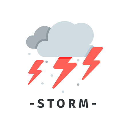Gray clouds and red lightnings. Storm and thunderstorm weather. Natural disaster. Graphic element for mobile app or website. Vector icon in simple flat style isolated on white background.のイラスト素材