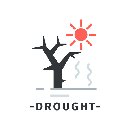 Drought disaster icon with hot red sun and dry tree. Ecological catastrophe. Dangerous situation. Nature theme. Vector illustration in simple flat style isolated on white background.のイラスト素材