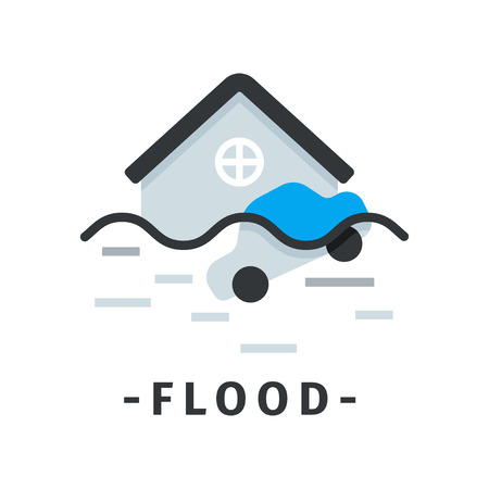 Icon of flooded house and car. Natural disaster. Dangerous catastrophe. Graphic element for poster or website of insurance company. Vector design in flat style isolated on white background.のイラスト素材