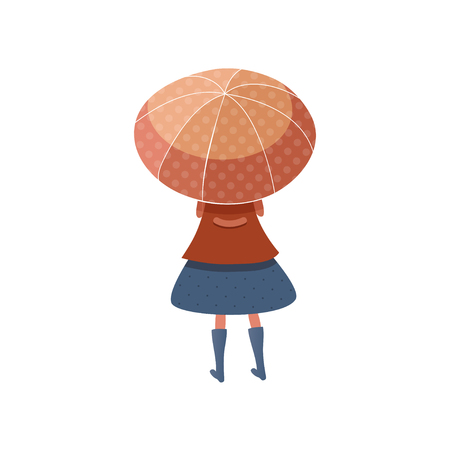 Little girl standing under red umbrella, back view. Kid in raincoat, skirt and boots. Cartoon female character. Autumn weather. Trendy vector illustration in flat style isolated on white background.のイラスト素材