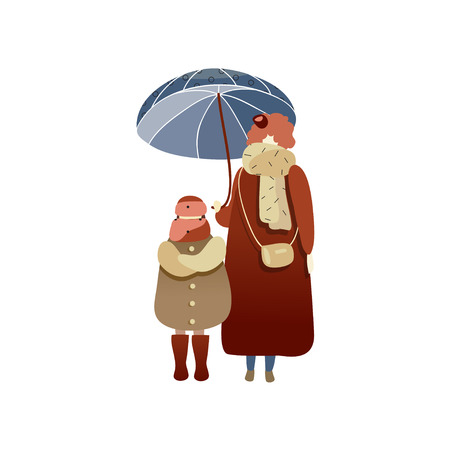 Woman and child standing under blue umbrella. Cartoon people characters in warm clothing. Rainy weather. Autumn season theme. Trendy vector illustration in flat style isolated on white backgroundのイラスト素材