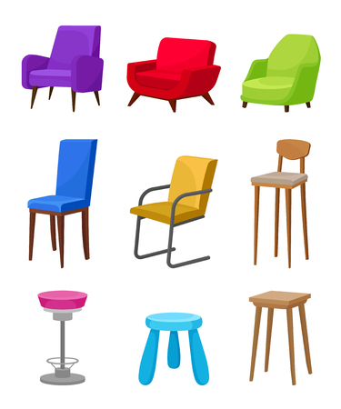 Collection of comfortable chairs and armchairs. Furniture for living room, cafe bar and kindergarten. Elements of interior. Colorful vector illustrations in flat style isolated on white background.のイラスト素材