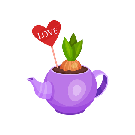 Sprouted hyacinth bulb decorated with heart on stick in small purple kettle. Flowering plant. Cute spring composition. Nature theme. Colorful flat vector illustration isolated on white background.のイラスト素材
