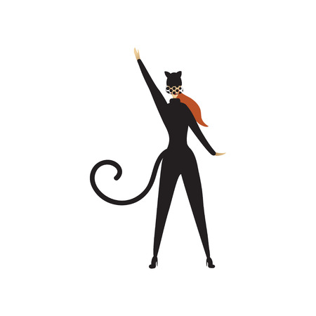 Young woman in black cat costume posing with hand up, back view. Outfit for carnival or party. Flat vector designのイラスト素材
