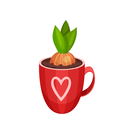 Sprouted hyacinth bulb in bright red cup with heart pattern. Spring composition. Nature theme. Graphic element for postcard or shop poster. Colorful flat vector design isolated on white background.のイラスト素材