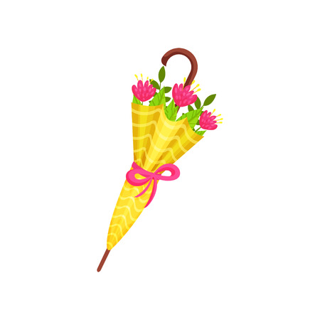 Pink flowers and green leaves inside bright yellow umbrella. Cute spring bouquet. Natural composition. Graphic element for greeting card. Vector illustration in flat style isolated on white backgroundのイラスト素材