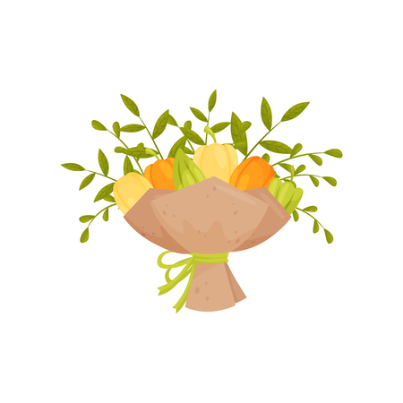 Icon of vegetable bouquet. Fresh bell peppers and green twigs wrapped in paper. Organic and healthy products. Original present. Colorful vector illustration in flat style isolated on white background.のイラスト素材