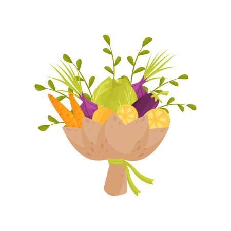 Bouquet of fresh vegetables, ripe carrot, cabbage, onion bulbs and lemon wrapped in paper. Natural product. Organic and healthy food. Colorful vector icon in flat style isolated on white background.のイラスト素材