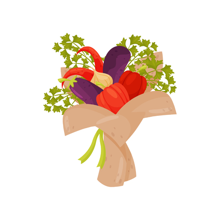 Vegetables wrapped in paper. Bouquet made of ripe pepper, eggplant, onion and twigs of parsley. Flat vector iconのイラスト素材