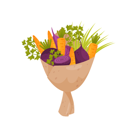 Fresh bouquet made of beetroot, onion, parsley twigs and carrot. Ripe vegetables wrapped in paper. Natural products. Healthy food. Original composition. Flat vector icon isolated on white background.のイラスト素材