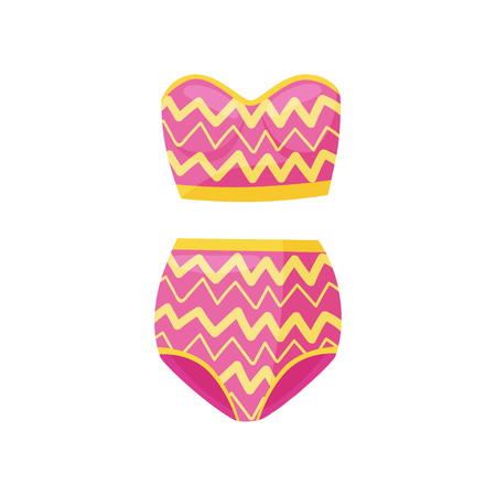 Bright pink two-piece swimsuit with zigzag pattern. Fashionable women clothing for beach season. Female bathing suit. Fashion theme. Colorful vector icon in flat style isolated on white background.のイラスト素材