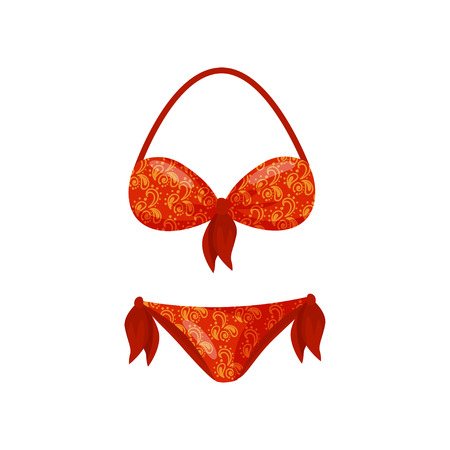 Sexy red bikini with floral pattern. Stylish women swimsuit. Trendy female clothing for swimming. Flat vector iconのイラスト素材