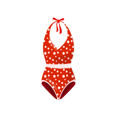 Classic bright red one-piece swimsuit with polka-dot pattern. Trendy female bathing suit. Women garment for swimming. Fashion theme. Colorful vector icon in flat style isolated on white background.のイラスト素材