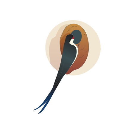 Martlet sitting near nest. Barn swallow. Wild bird with long tail. Wildlife and fauna theme. Colorful graphic element for children book. Flat vector design with gradients isolated on white background.のイラスト素材