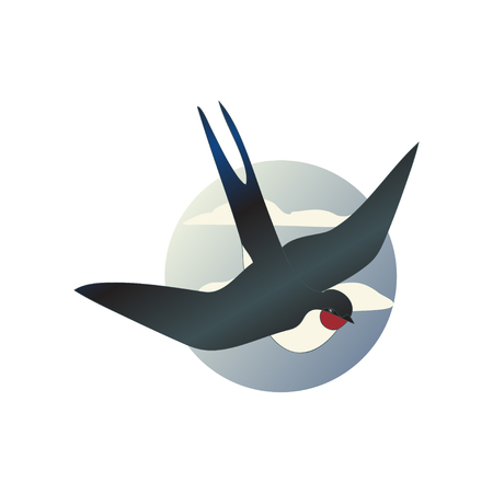 Martlet in flying action with wide open wings. Blue sky with clouds in circle shape. Wild bird. Flat vector iconのイラスト素材