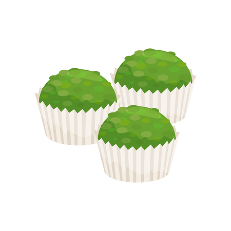Three spirulina cupcakes in paper cups. Healthy and tasty dessert. Green muffins. Graphic element for recipe book or poster. Colorful vector illustration in flat style isolated on white background.のイラスト素材