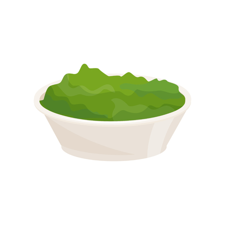 Icon of ceramic bowl with spirulina or chlorella powder. Healthy green mask made of seaweed. Ingredient for body and skin care. Colorful vector illustration in flat style isolated on white background.のイラスト素材