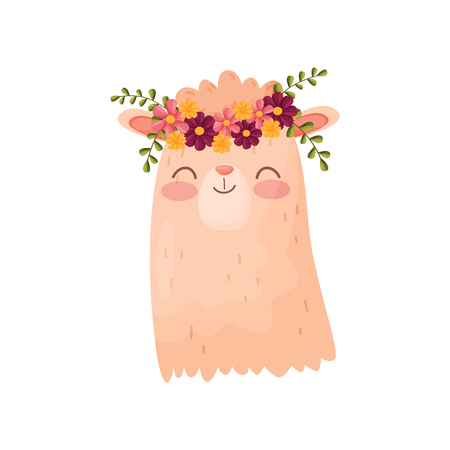 Lama head with flower wreath on white background. Flora and fauna. Nature and animals concept. Color cute lama. Vector flat illustration.のイラスト素材