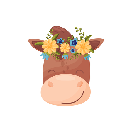 Horse head with flower wreath on white background. Flora and fauna. Nature and animals concept. Vector flat illustration.のイラスト素材