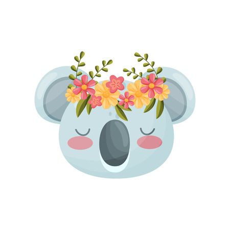 Gray koala head with colored flower wreath on white background. Nature and animals concept. Flora and fauna. Color cute animal muzzle. Vector flat illustration.のイラスト素材