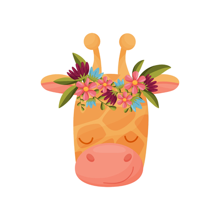 Giraffe head with flower wreath on white background. Flora and fauna. Nature and animals concept. Vector flat illustration.のイラスト素材