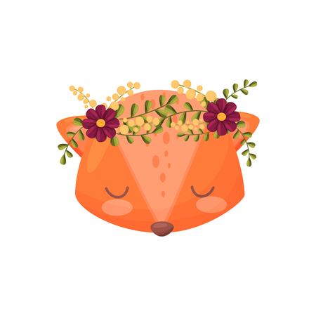 Red fox head with flower wreath on white background. Flora and fauna. Nature and animals concept. Color cute cartoon fox. Vector flat illustration.のイラスト素材