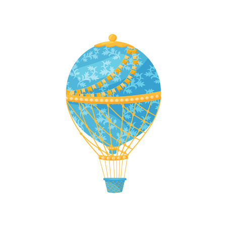 Cartoon blue hot air balloon on white background. Flight and adventure concept. Vector flat illustration.のイラスト素材