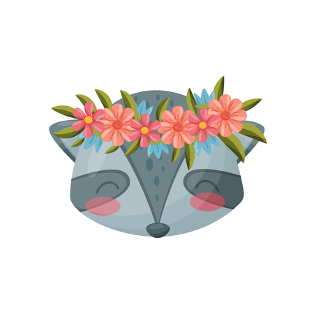 Gray Raccoon with flower wreath on white background. Flora and fauna. Nature and animals concept. Color cute mammal. Vector flat illustration.のイラスト素材