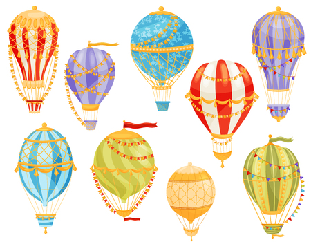 Colorful hot air balloon on white background. Flight and adventure concept. Sky transport. Vector flat illustration.のイラスト素材