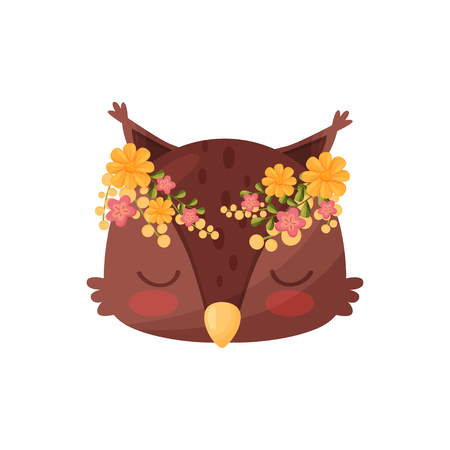 Cartoon owl head with flower wreath on white background. Flora and fauna concept. Brown cute bird. Vector flat illustration.のイラスト素材