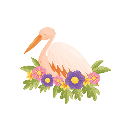 Colorful cartoon bird on white background. Flora and fauna. Animals and spring. Wildlife set. Vector flat illustration.のイラスト素材
