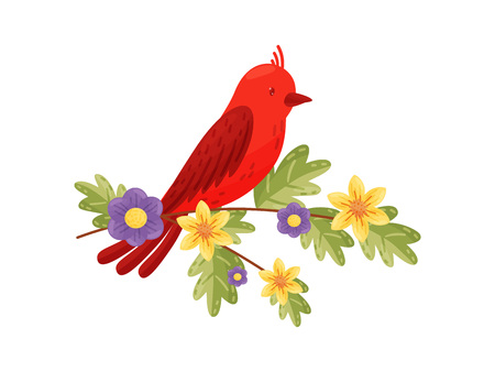 Red cartoon bird on white background. Flora and fauna concept. Animals and spring. Vector flat illustration.のイラスト素材