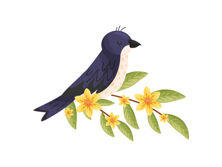 Bird with closed eyes sitting on branch. Flora and fauna. Animals and spring concept. Vector flat illustration.のイラスト素材