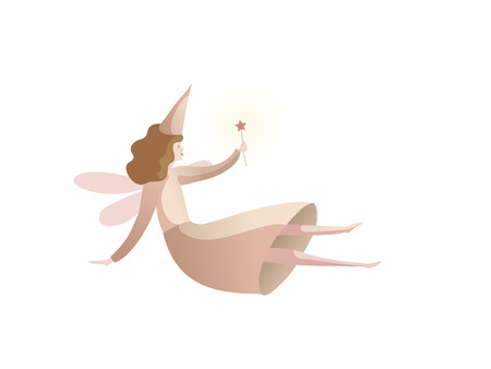 Fairytale concept. Wonderful fairy in magical cap with magic wand on white background. Fictional magic character in cartoon style. Childhood and a fairy tale. Vector flat illustration.のイラスト素材