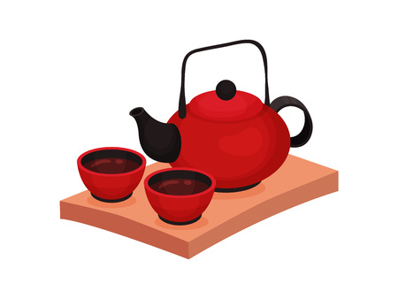 Tea ceremony chinese tradition. Red tea set. East symbols concept. Oriental culture and traditions. Chinese folk symbolism. Vector flat illustration.のイラスト素材