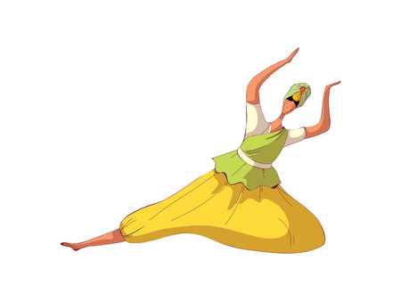 Oriental dance. Graceful girl in beautiful dress performing dance. Professional dancer concept. Vector flat illustration.のイラスト素材