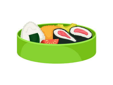 Japanese food in green lunchbox on white background. Bento concept. Asian culture and traditions. Vector flat illustration.のイラスト素材