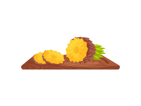 Cartoon watermelon on wooden cutting board on white background. Fresh fruit slice. Vegetarian concept. Natural healthy food. Vector flat illustration.のイラスト素材